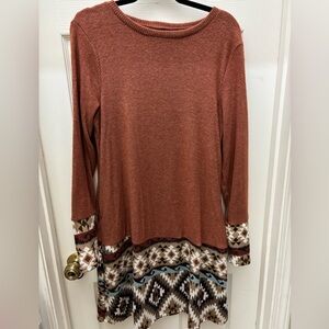 Rust Long Sleeve Knit Dress with Patterned Hem